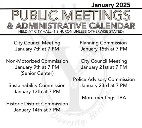 Planning Commission  January 15th at 7 PM  City Council Meeting January 21st at 7 PM  Police Advisory Commission January 23rd at 7 PM  More meetings TBA