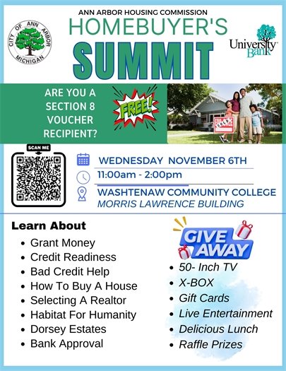 Homebuyers Summit, hosted by the Ann Arbor Housing Commission, which will take place on Wednesday, November 6, 2024, at the Washtenaw Community College, Morris Lawrence Building.