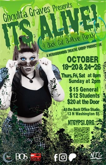 This year’s Black Cat production brings to life a 1950s B-movie parody. Hosted by Ghoulita Graves, a larger-than-life queen of cable access horror, It's Alive! A Black Cat B-Movie Parody is a camp-tastic homage to the Golden Age of schlock cinema. Complete with a raffle and costume contest! Set in 1957, at the height of Cold War paranoia, the show follows a wily Michigan scientist who embarks on a bizarre government mission: protecting American lawns from Sputnik. In this parallel world, the space satellite is actually part of a plan to annihilate one of the American family’s most prized possessions, its greenery. Little does he know, worse evils are about to be unleashed, like a radioactive monster and some truly terrible poetry. Written by A.M. Dean and Greg Pizzino with music by Levona Directed by A.M. Dean Starring: Lexxus Glaze, Jennifer Jakubowski, Patrice Linman, Marissa Ortiz, Greg Pizzino, Josh Stewart, and Drew Tallquist Featuring Zac Fosler on Keys Production Staff: Jason Maes: Stage Manager, Aeron C. Wade: Properties Design, Jen Whaley: Asst. Props Design, Mo Hoeffel: Costume Design, Sandee Rodriguez: Asst. Costume Design, Mel Oldani: Set Design, Tyler Peters: Asst. Set Design, Kylista Geiger: Lighting Design, Jennifer Jakubowski: Choreography, Marisa Dluge: Graphic Design Please join us after the opening night performance for a social hour with the cast, crew, and playwrights!  This show is rated PG. Saturday, October 26 ONLY: Enjoy a Double Feature with NTG's It's Alive! followed by Whatabout Theatre's Improvised Horror Movie, It's a Scream at 9:45pm. See both shows for $20! 