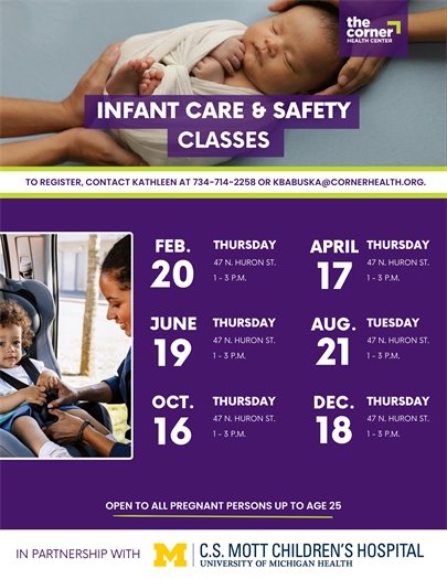 Infant Care & Safety Classes beginning on February 20th at 1 PM at 47 N. Huron.